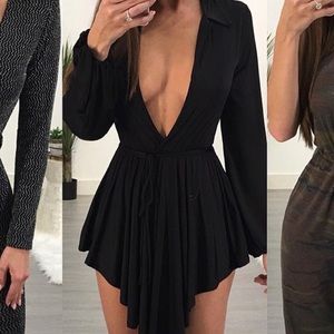 Black deep plunge asymmetrical dress